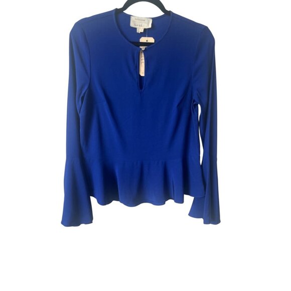 NWT Artelier Nicole Miller Blue Keyhole Crewneck Peplum Blouse Small Reg $245 - Picture 5 of 12